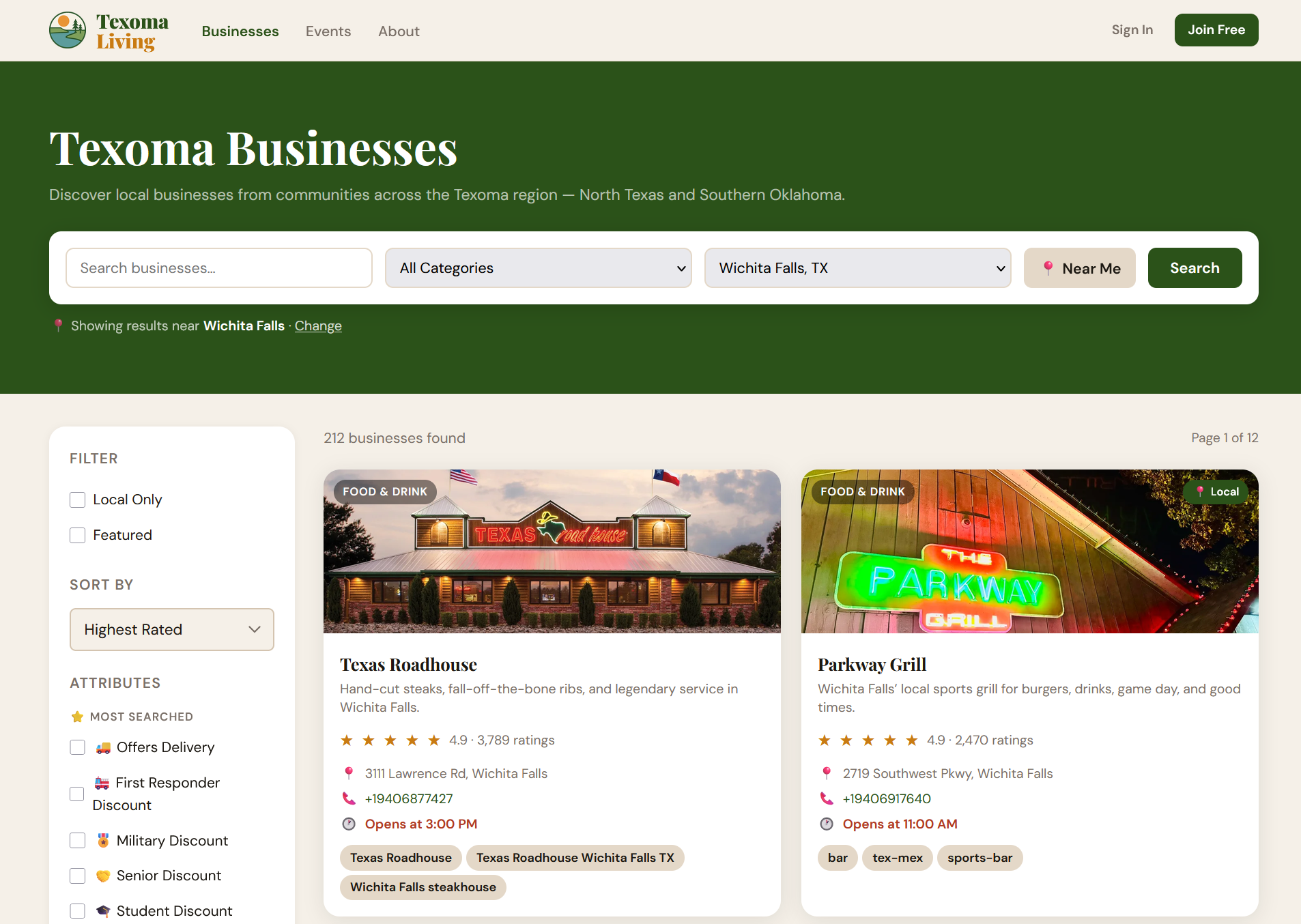 Texoma Living local business directory listings page